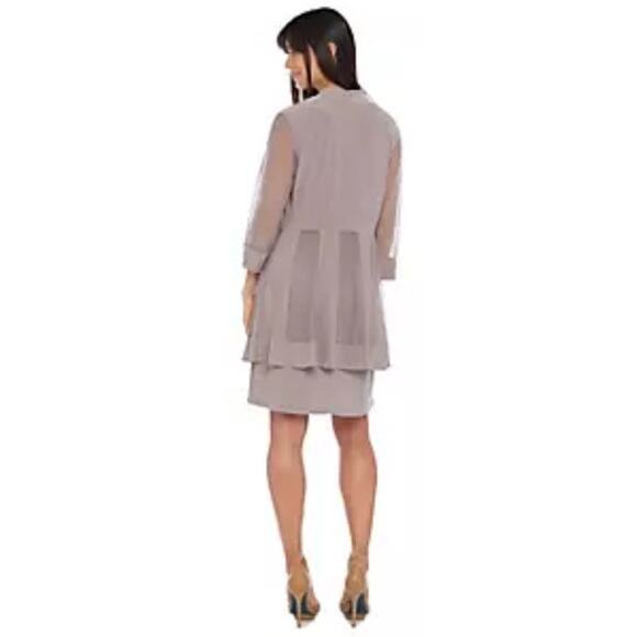 R&M Richards Mesh Panel Jacket Dress Size 3X Taupe Knee Length Elegant Cocktail - Picture 2 of 14